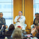 Chef José Andrés (center) on the Chefs Advocate for Agriculture panel at the James Beard Foundation conference, with chef Andrea Reusing (right) of Lantern Restaurant and Karen Karp of Karen Karp and Partners.